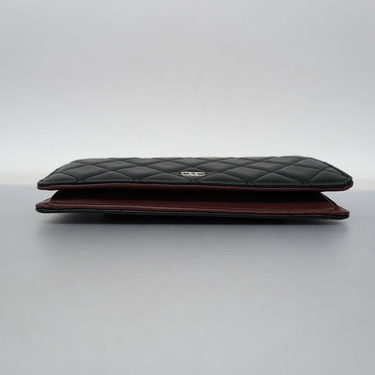 ChanelAuth  Matelasse Silver Metal Fittings Women's Lambskin Long Wallet Black