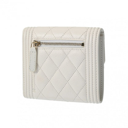 CHANEL Boy Chanel Compact Wallet White Women's Caviar Skin Tri-fold