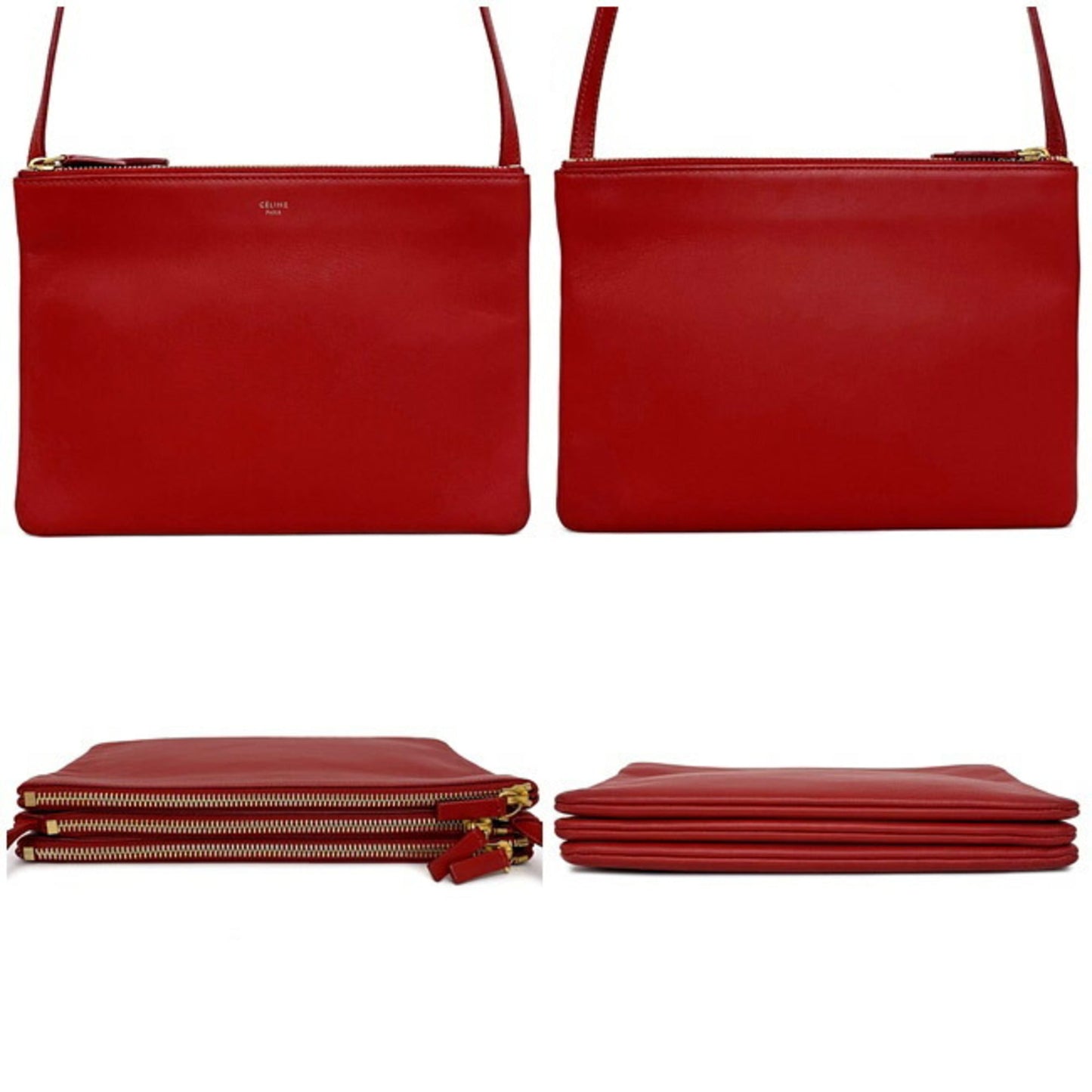 Celine Shoulder Bag Trio Large Red Gold 171453ETA 27ED Leather Smooth Lambskin Celine Pochette Crossbody Carry Thin Ladies