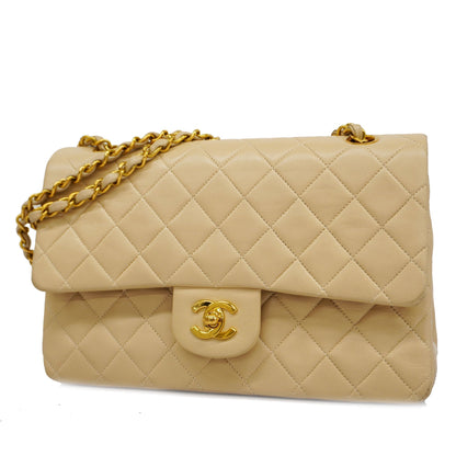 ChanelAuth  Matelasse W Flap W Chain Women's Leather Shoulder Bag Beige