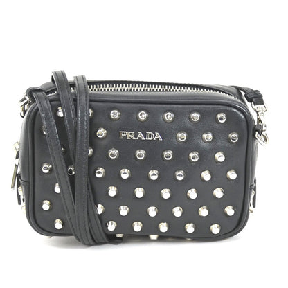 Prada Crossbody Shoulder Bag Studded Leather/Metal Black/Silver Unisex