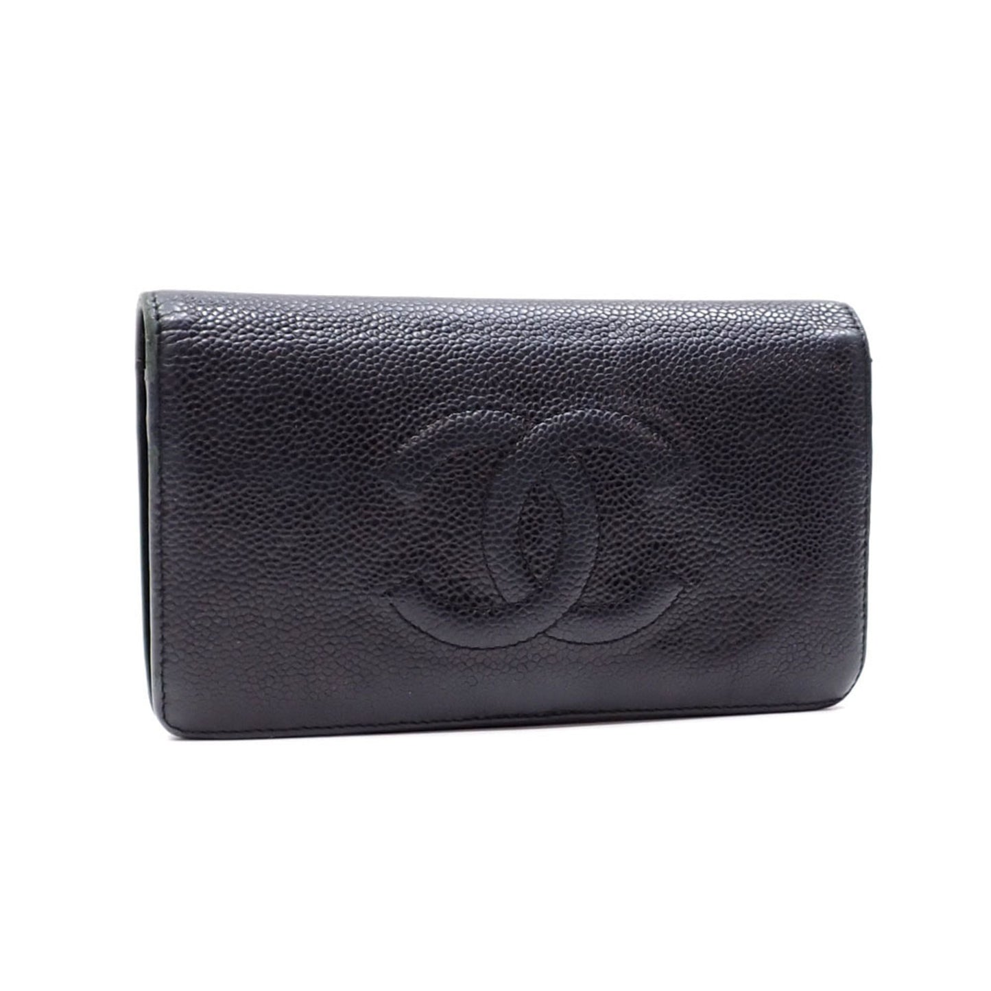 CHANEL Bifold Long Wallet Women's Black Caviar Skin Coco Mark