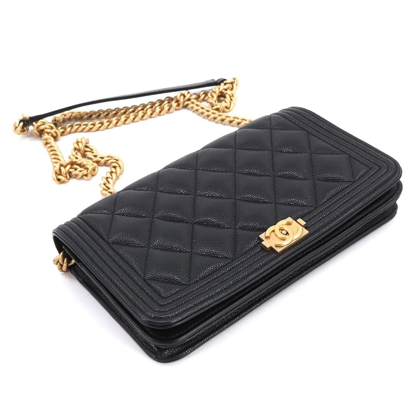 Chanel Boy  Chain Wallet Long Caviar Skin Black AP1117 Gold Hardware