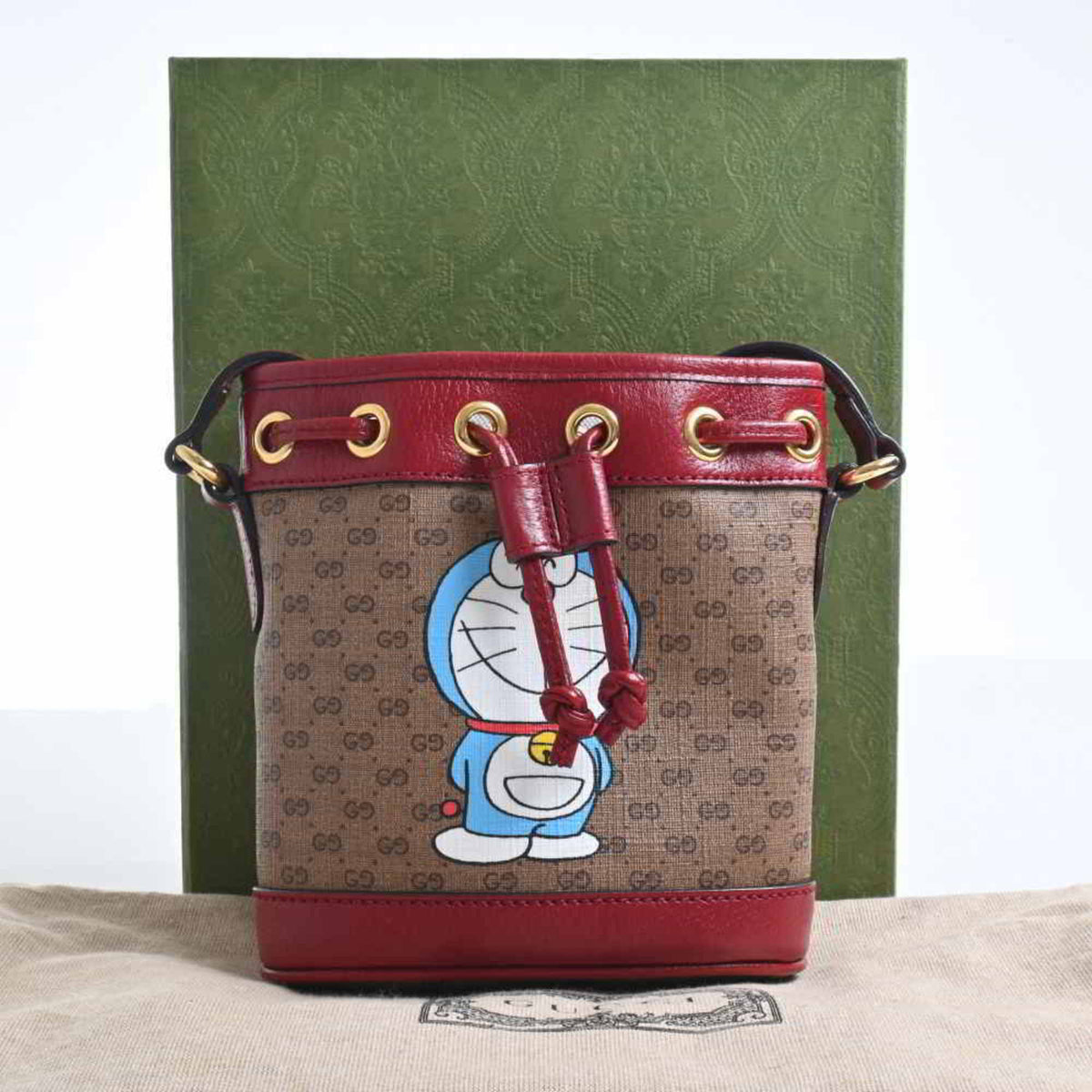 Gucci Micro GG Supreme Mini Bucket Bag Shoulder Doraemon Red/Brown PVC