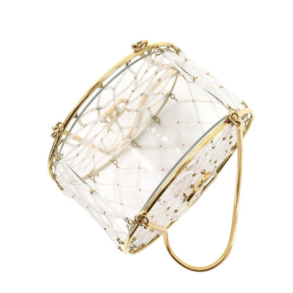 Chanel beads hand bag clear white gold metal fittings here mark