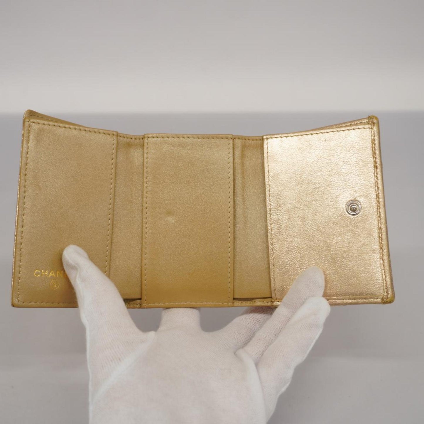 Chanel Tri-fold Wallet Matelasse Lambskin Champagne Gold Women's