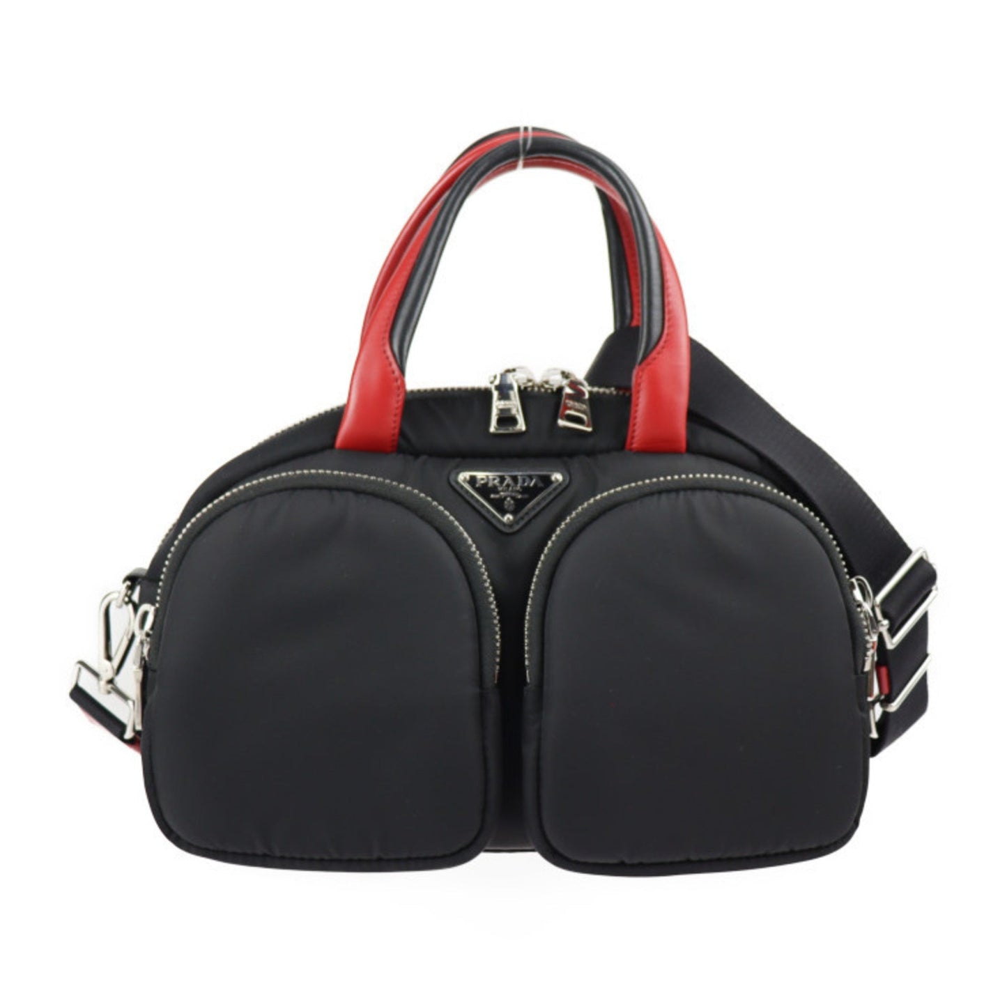 Prada TESSUTO POCKET handBag 1BB062 nylon leather black red silver hardware 2WAY shoulder Bag mini Boston bomber