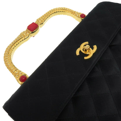 Chanel Gold Handle Stone Silk Satin Black Coco Mark Turn Lock Handbag 0009 CHANEL