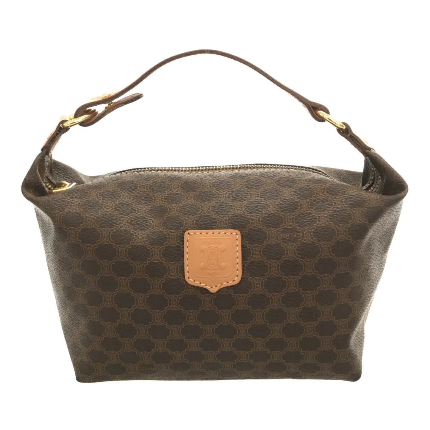 Celine Hand Pouch Macadam PVC Leather Brown Gold Hardware Women's