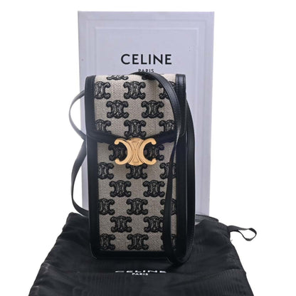 Celine Leather Canvas Triomphe Vertical Mobile Pouch Shoulder Bag Black Women's