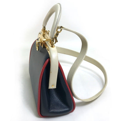 Christian Dior Navy Red Color White Leather Handbag Shoulder Bag ()