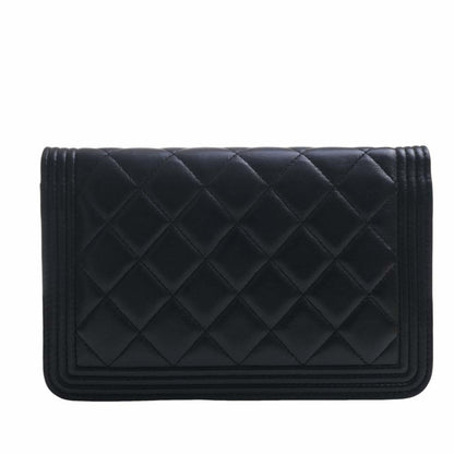 CHANEL Leather Boy  Coco Mark Chain Shoulder Long Wallet Black Ladies