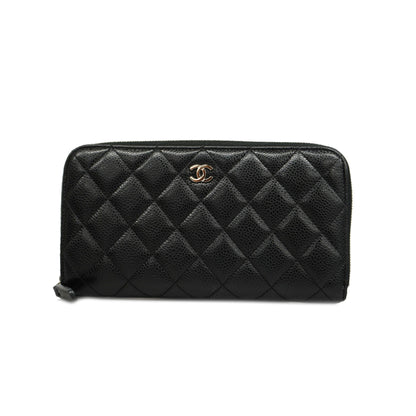 ChanelAuth  Matelasse Silver Metal Fittings Women's Caviar Leather Long Wallet