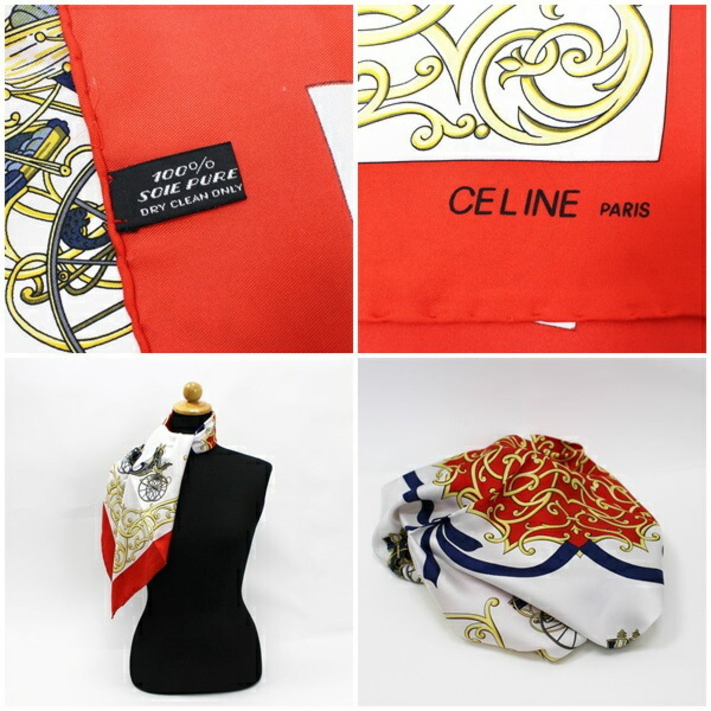 Celine Silk Scarf Muffler Stole Red x White Carriage Pattern  | Ladies Wall
