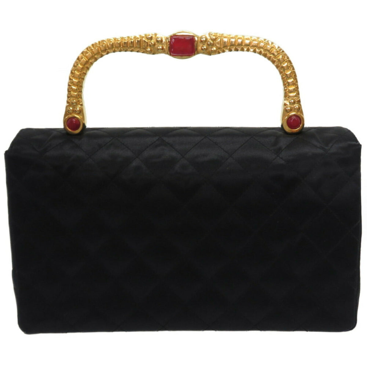 Chanel Gold Handle Stone Silk Satin Black Coco Mark Turn Lock Handbag 0009 CHANEL