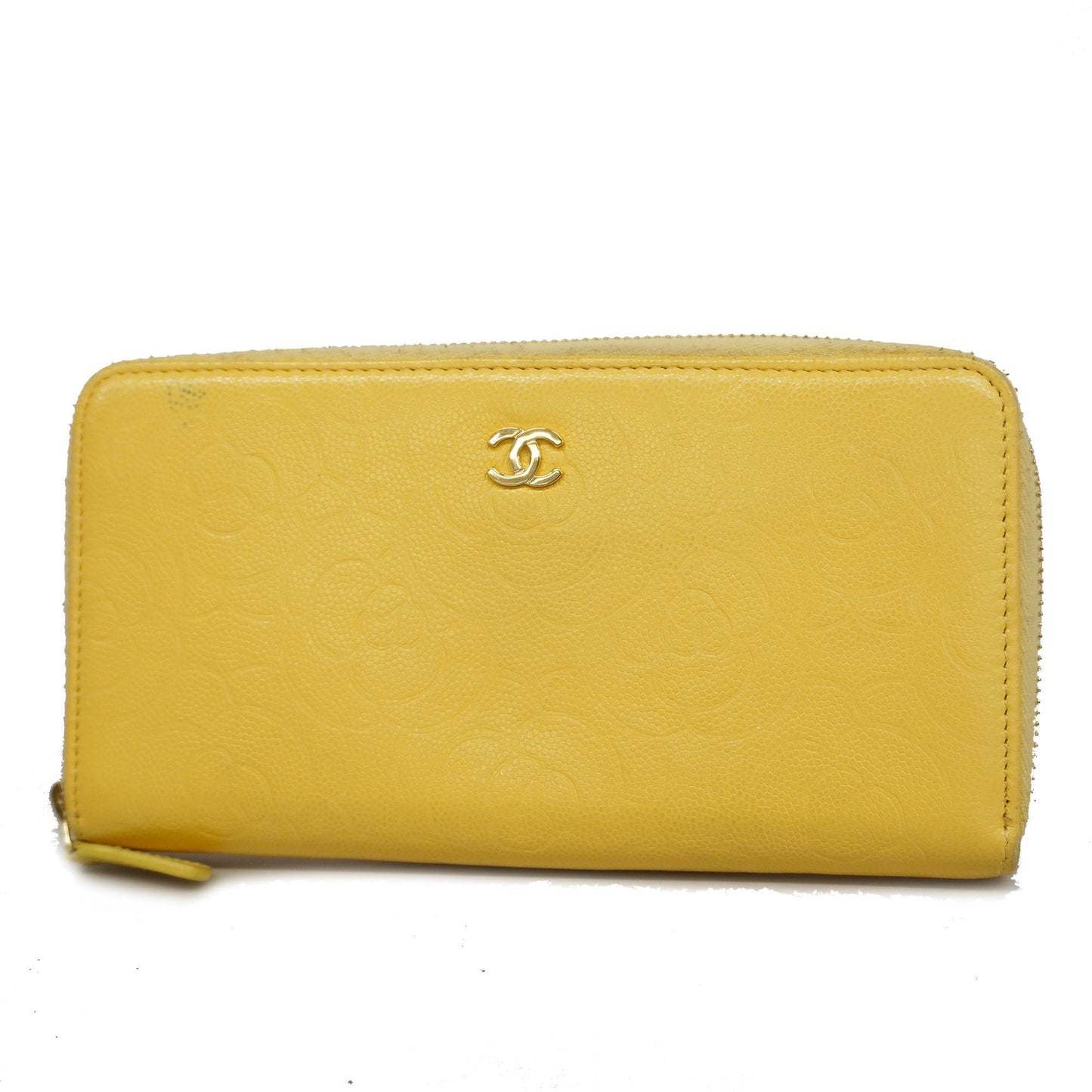 ChanelAuth  Camellia Bi-fold Long Wallet Gold Hardware Leather Yellow