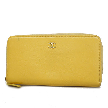 ChanelAuth  Camellia Bi-fold Long Wallet Gold Hardware Leather Yellow