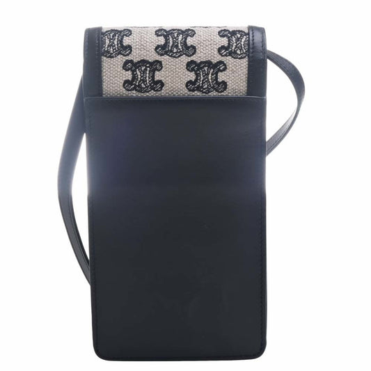 Celine Leather Canvas Triomphe Vertical Mobile Pouch Shoulder Bag Black Women's