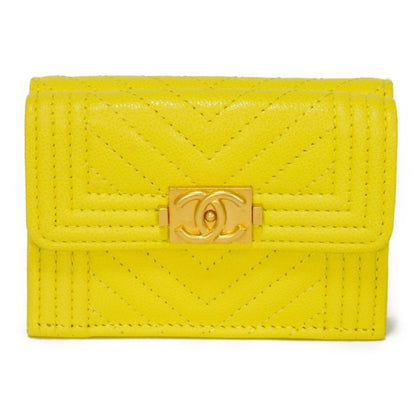 CHANEL Trifold Wallet Boy  Small Flap Turnlock Caviar Skin Chevron Yellow A84432 Men's Women's Bill Purse