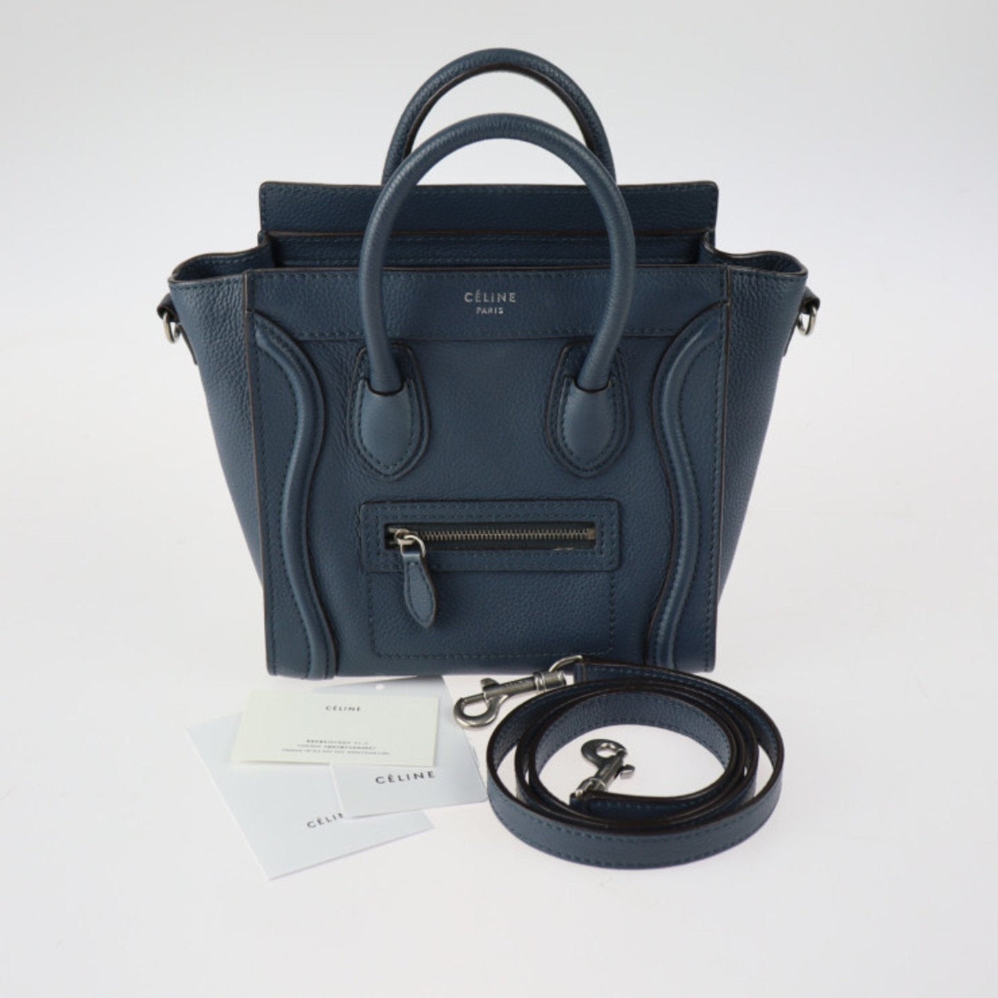 Celine Luggage Nano Shopper Handbag 168243 Leather Navy Silver Hardware 2WAY Shoulder Bag