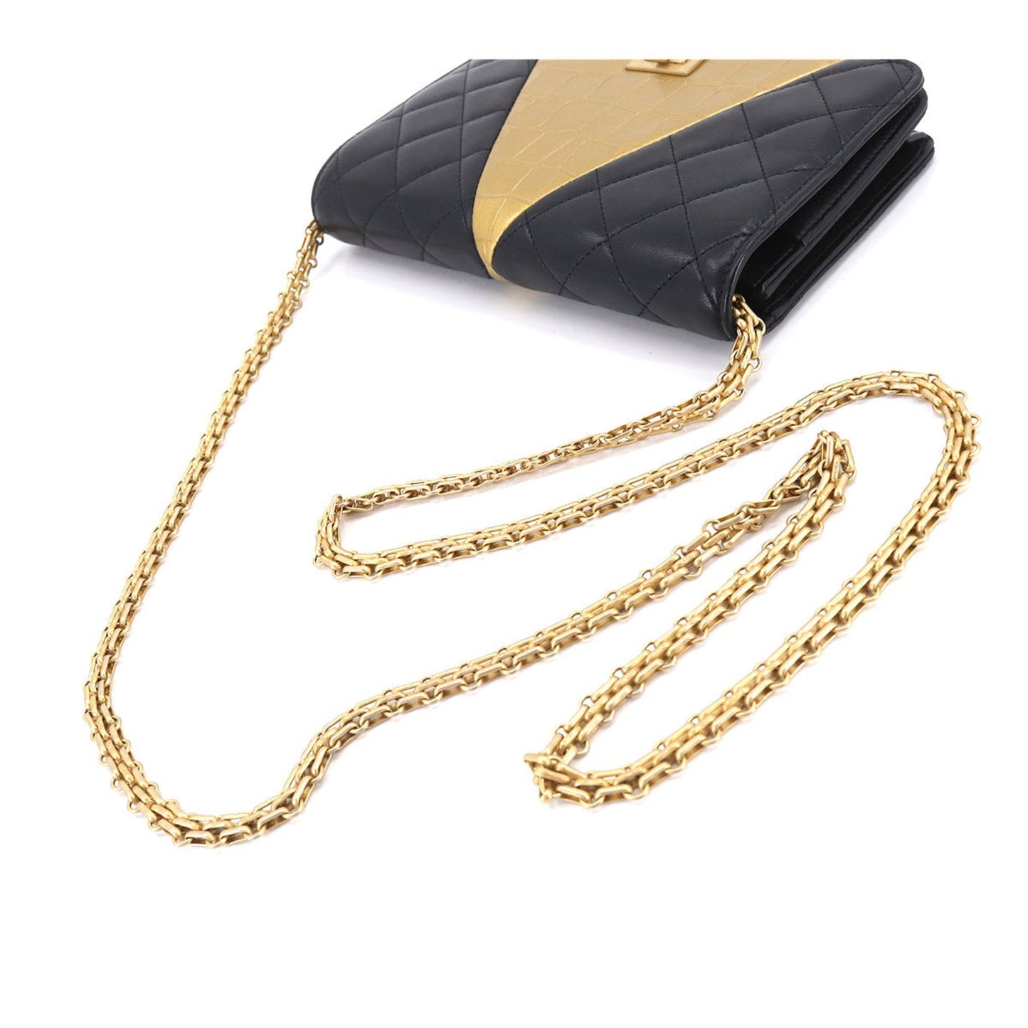 CHANEL 2.55 Chain Wallet Long Leather Black Gold Embossed Matelasse