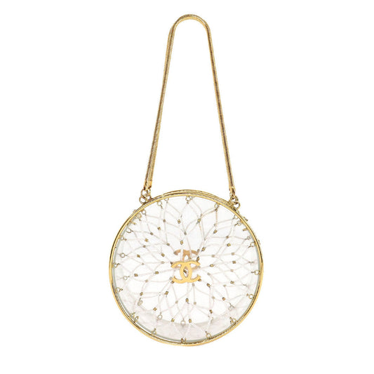Chanel beads hand bag clear white gold metal fittings here mark