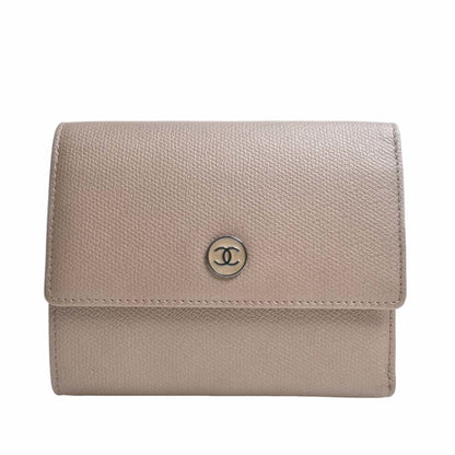 CHANEL Leather Coco Button Trifold Wallet Beige Ladies