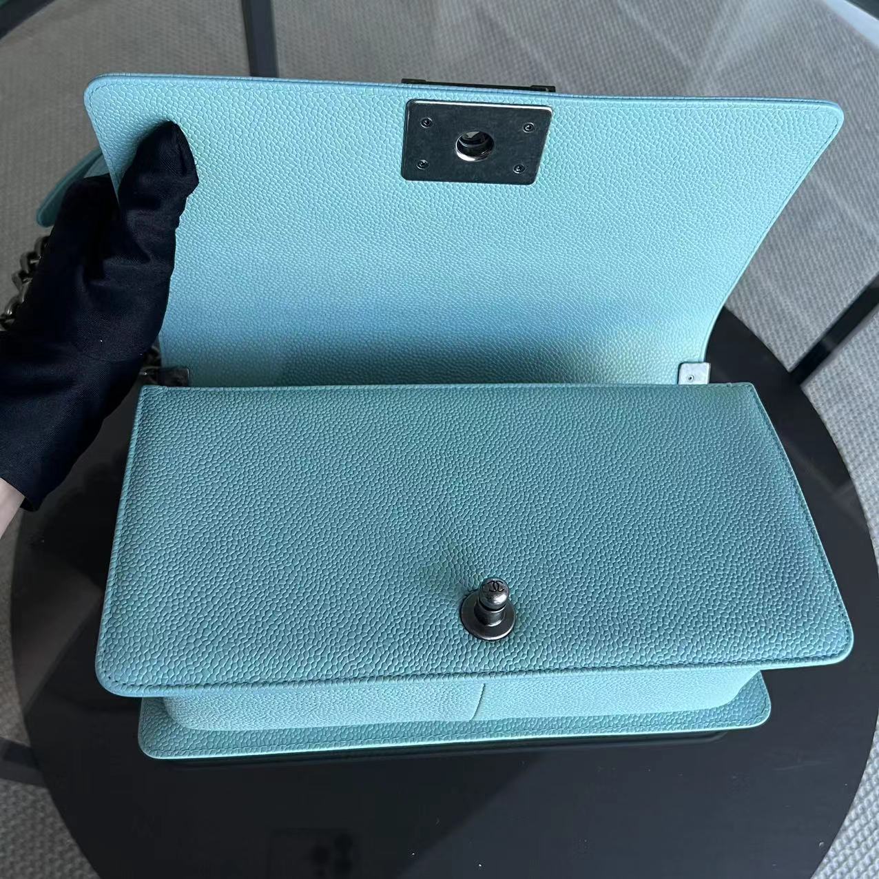 *2019, Series 29* Caviar Old Medium 25CM Chevron Grained Calfskin Light Baby Blue No 29