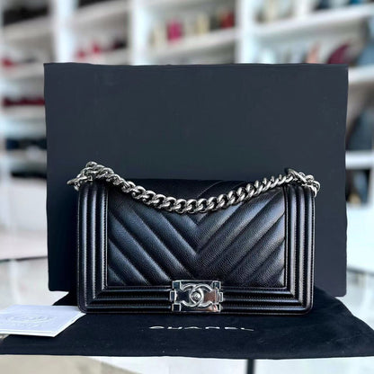 *2020 Receipt* Caviar Old Medium 25CM Chevron Black Silver Hardware Series 29