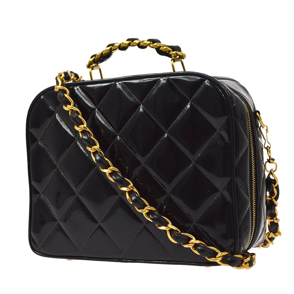 CHANEL 1994-1996 Black Patent Leather Quilted 2way Bag Medium AK38569i