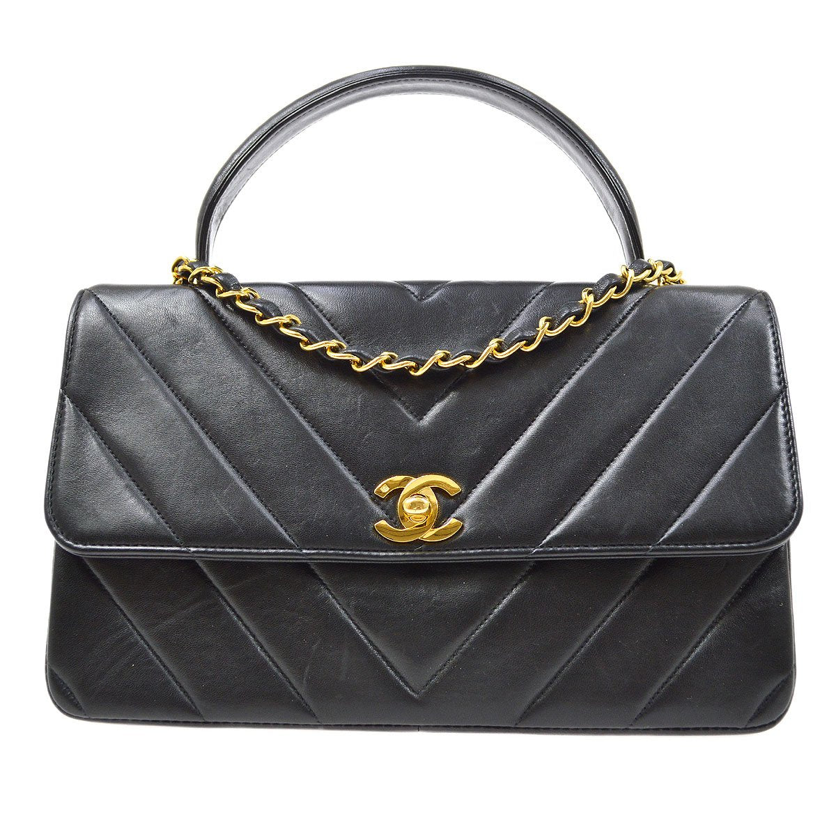 CHANEL Black Lambskin Chevron Top Handle Bag 72823