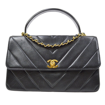 CHANEL Black Lambskin Chevron Top Handle Bag 72823