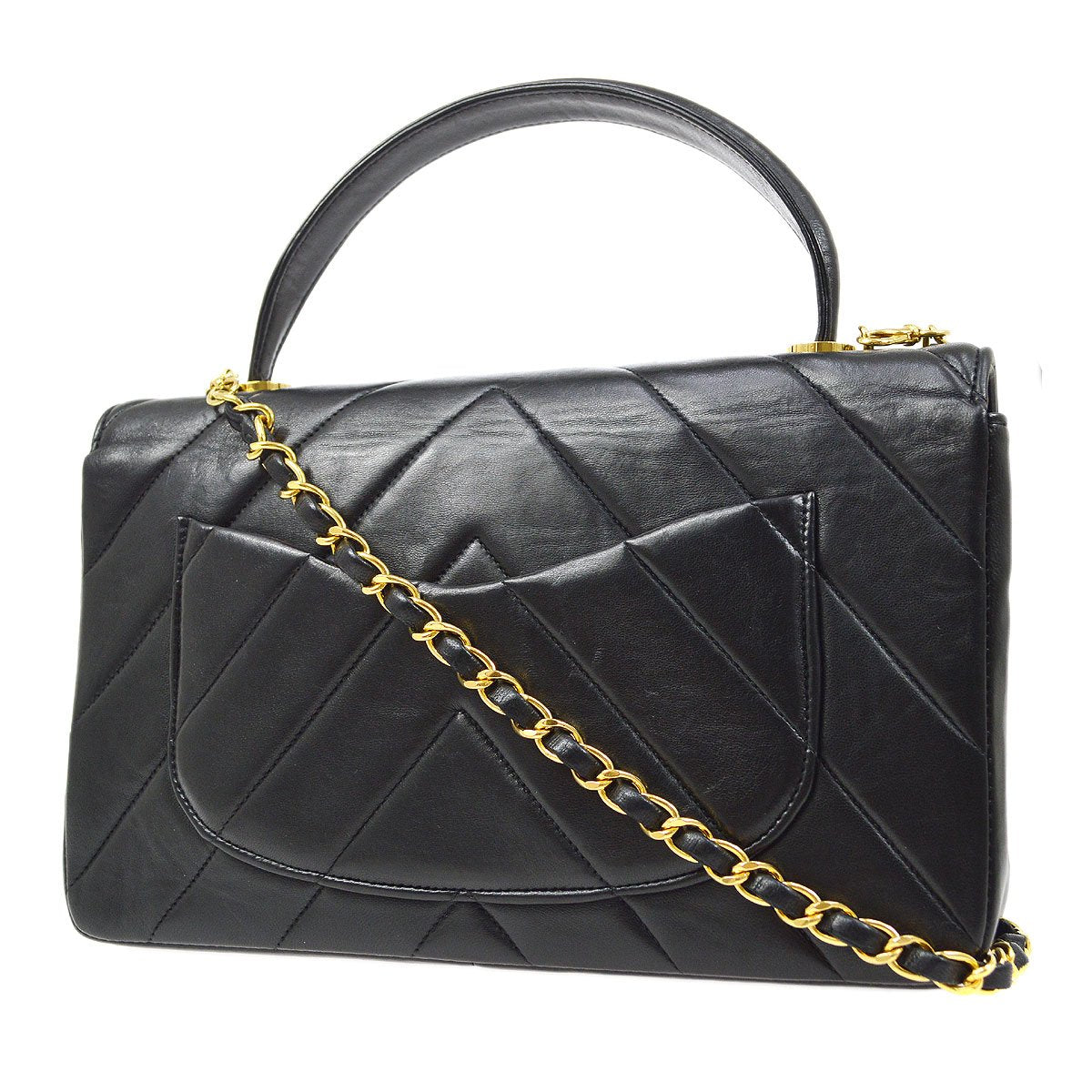 CHANEL Black Lambskin Chevron Top Handle Bag 72823