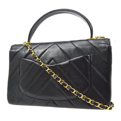 CHANEL Black Lambskin Chevron Top Handle Bag 72823