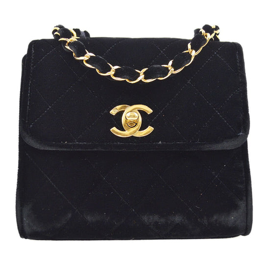 CHANEL 1991-1994 Black Velvet Quilted Shoulder Bag 10068