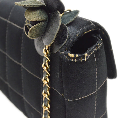 CHANEL 2003-2004 Camellia Choco Bar Chain Shoulder Bag Black Satin 00704