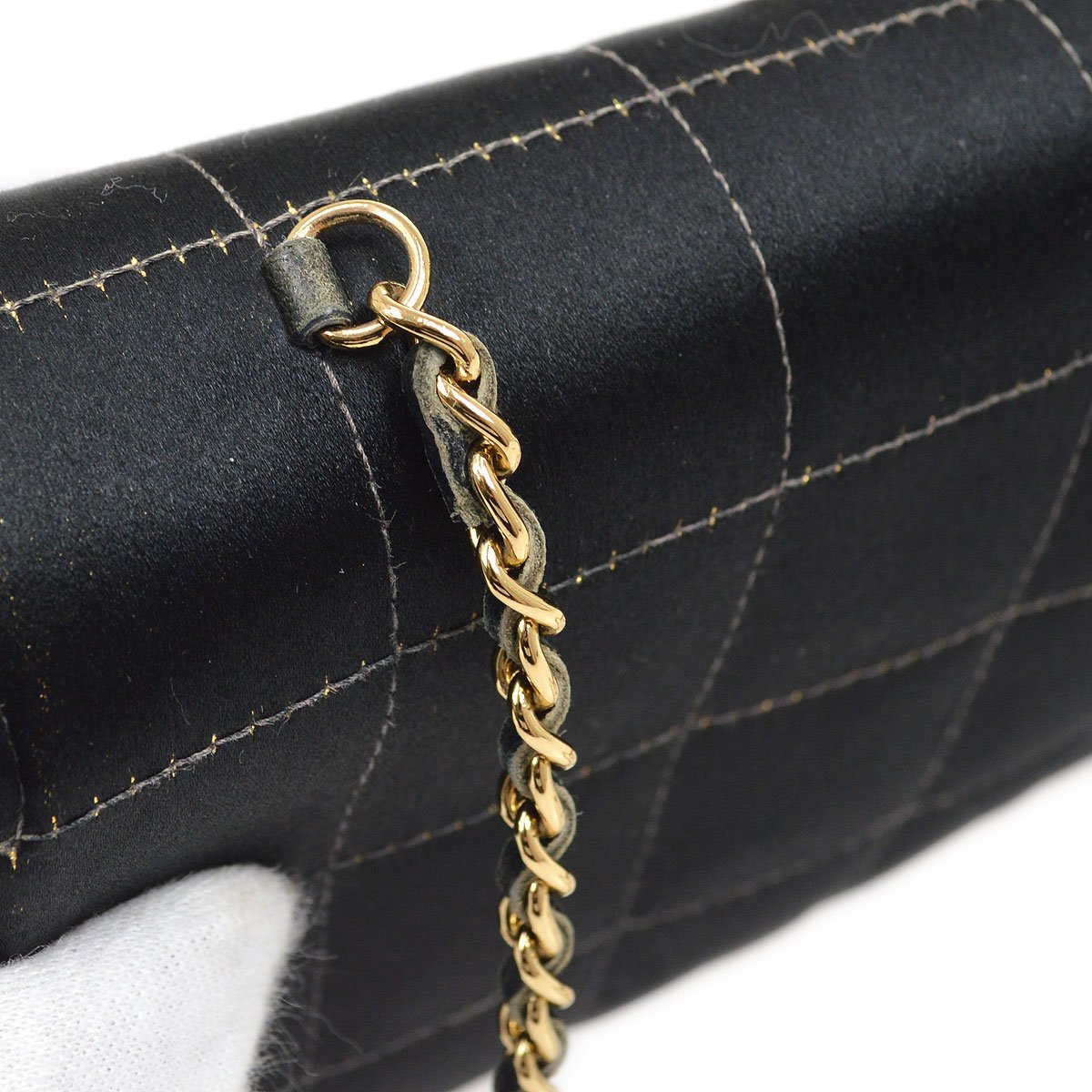 CHANEL 2003-2004 Camellia Choco Bar Chain Shoulder Bag Black Satin 00704