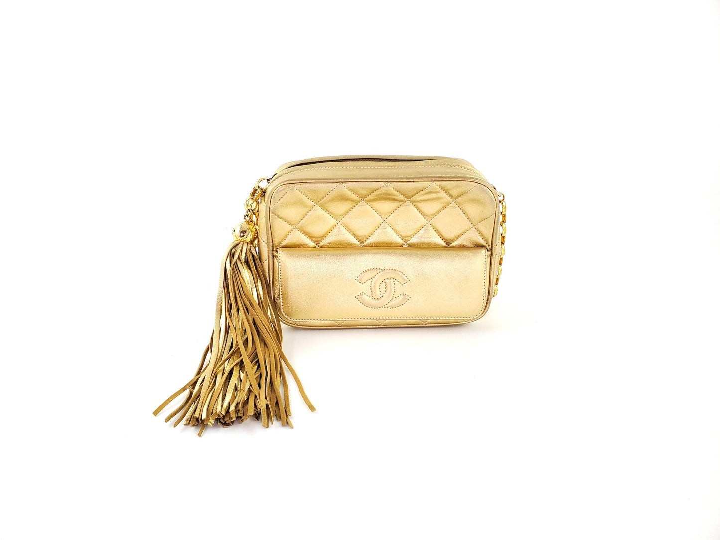 Vintage Chanel Quilted Gold CC Camera Tassel Shoulder Bag