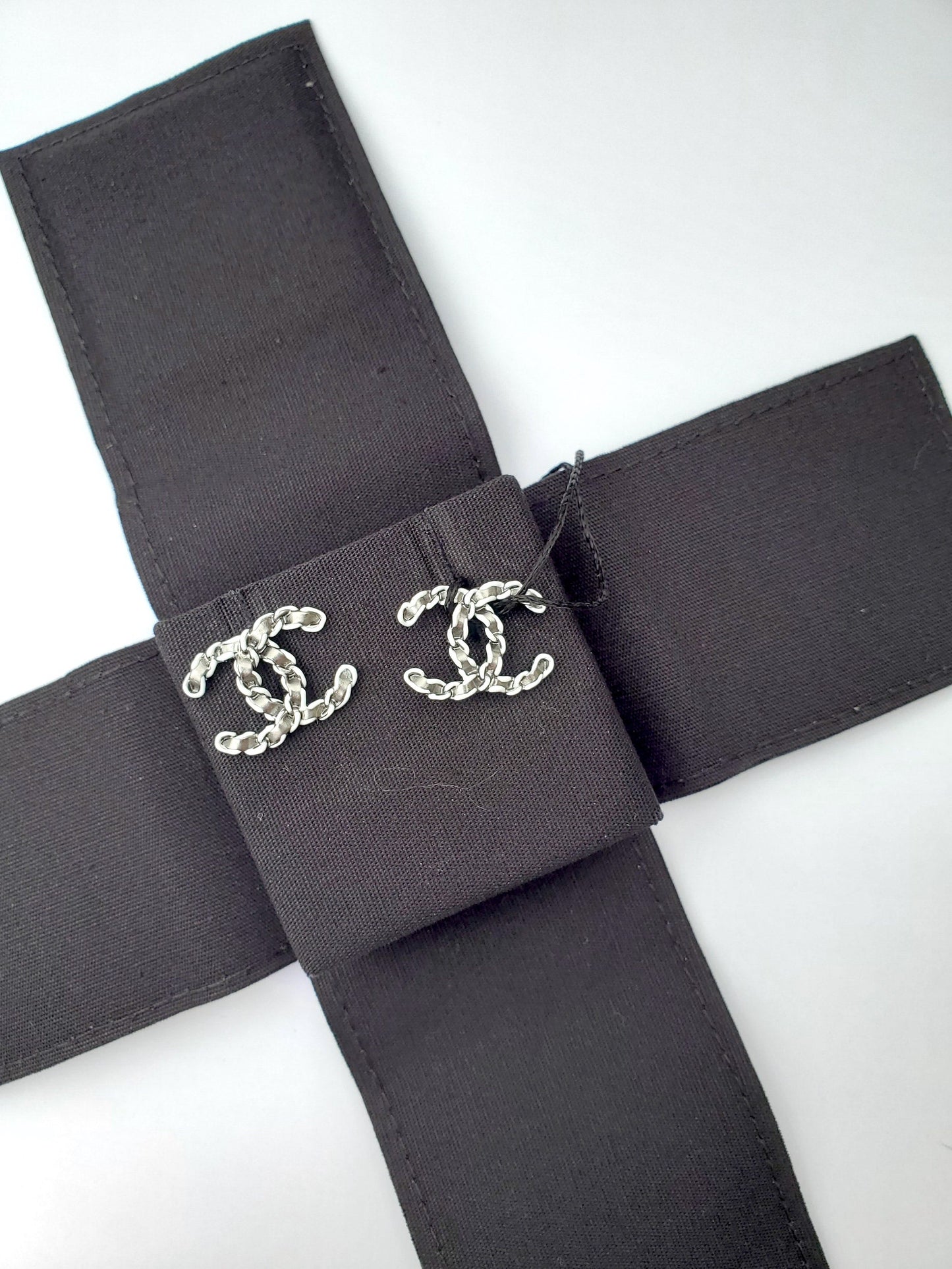 New CHANEL 22P CC Logo Ruthenium White Stud Earrings