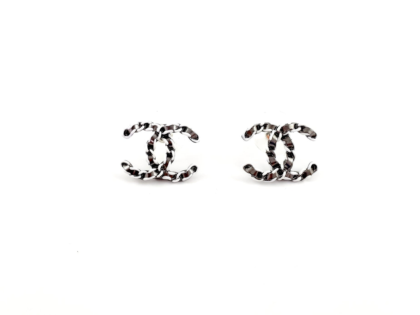 New CHANEL 22P CC Logo Ruthenium White Stud Earrings