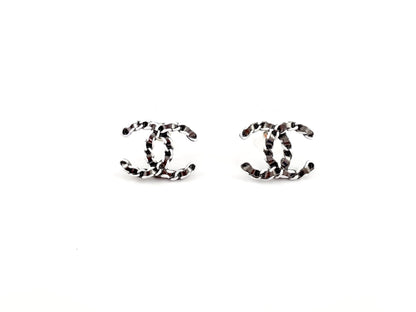 New CHANEL 22P CC Logo Ruthenium White Stud Earrings
