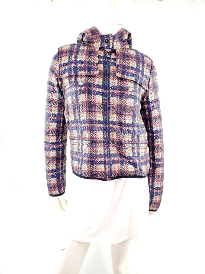 CHANEL 2014 Tweed Print Navy Beige Nylon Hooded Jacket 38