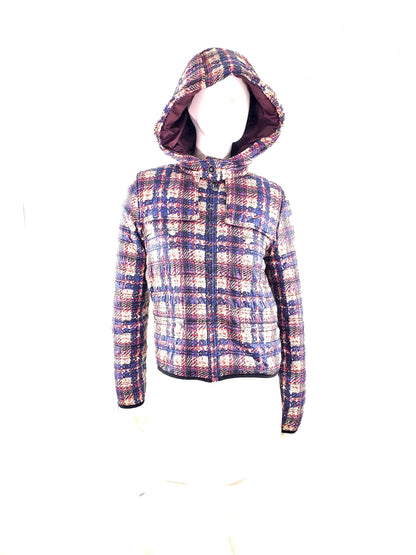 CHANEL 2014 Tweed Print Navy Beige Nylon Hooded Jacket 38