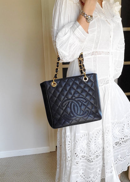 CHANEL Black Caviar Petit 2011 Quilted Shopping PST Tote