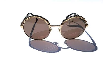 New In Stores Now CHANEL 4265Q Round Gold Black Metal Leather Sunglasses