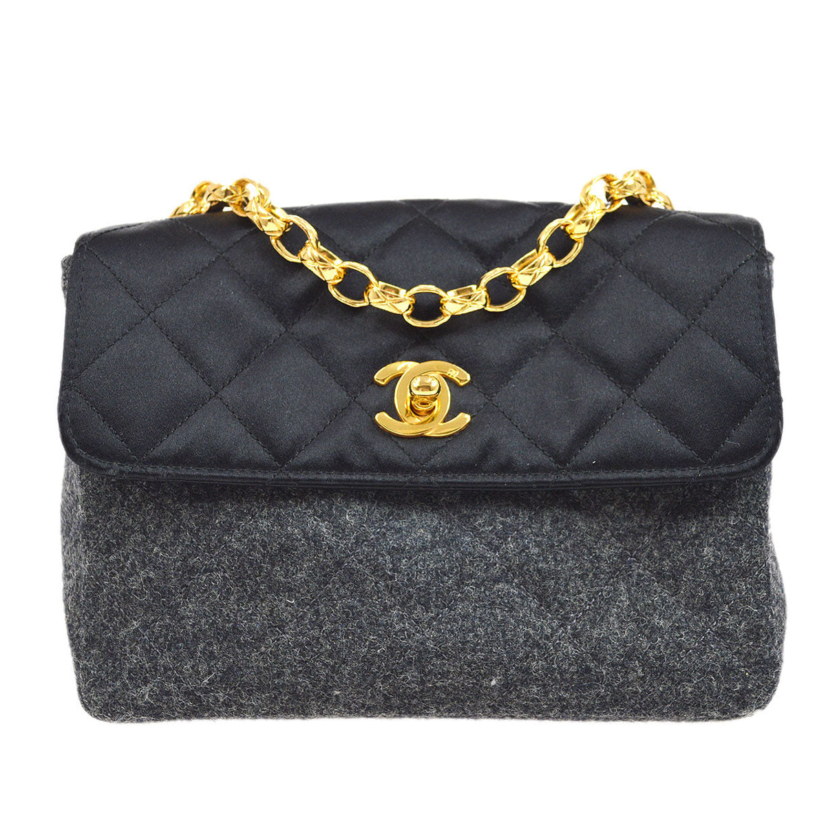 CHANEL 1989-1991 Black Satin Grey Wool Straight Flap Mini