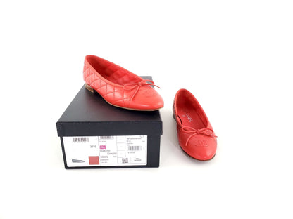 CHANEL 18A Red Quilted CC Logo Classic Ballet Flats 37.5C