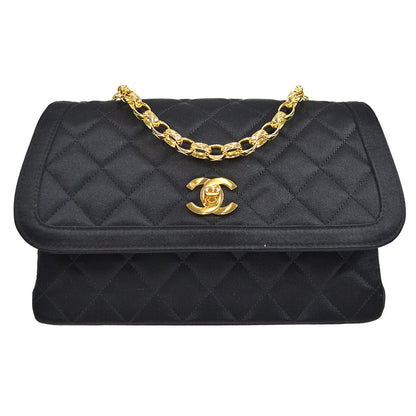 CHANEL 1994-1996 Border Round Flap Small & Pouch Set Black Satin