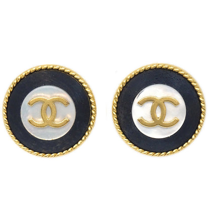 CHANEL Button Shell Earrings Black Clip-On 96A 96470