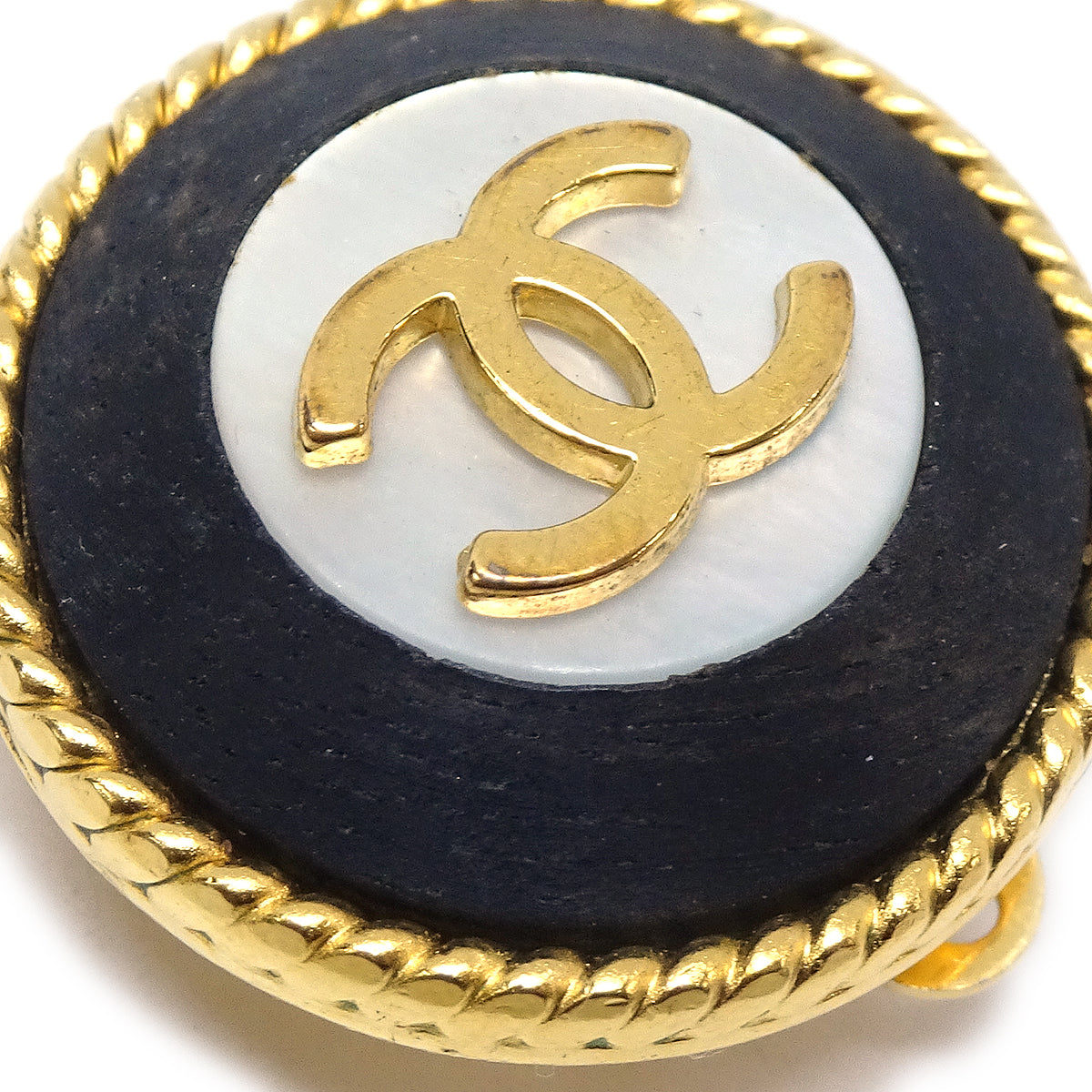 CHANEL Button Shell Earrings Black Clip-On 96A 96470